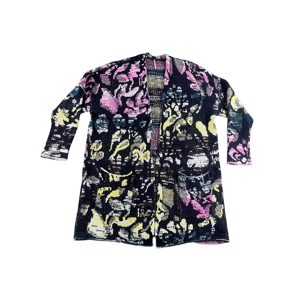 Free People Floral Intarsia Open Front Cardigan Sweater Black Pink Yellow Small